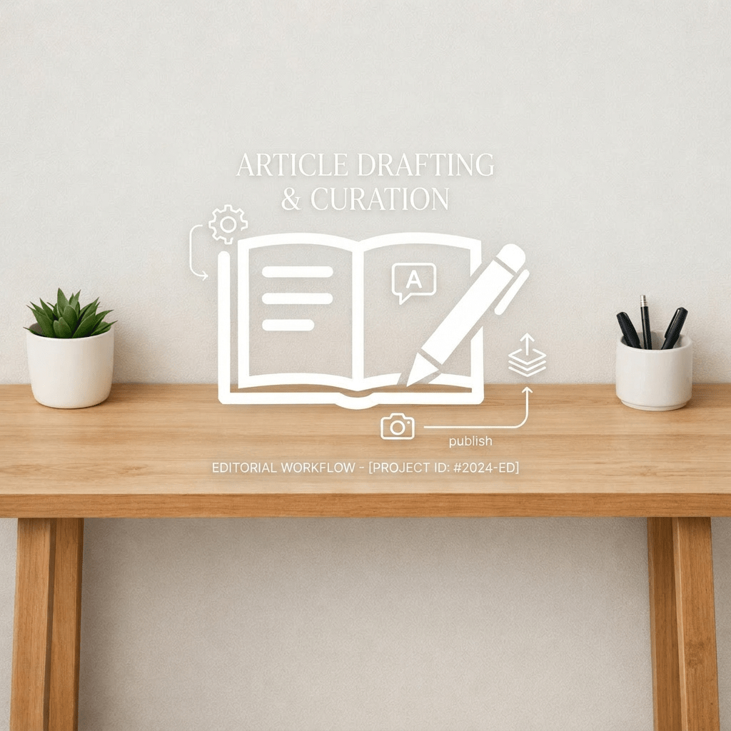 Wooden desk with small green potted plant on left and white cup with pens on right